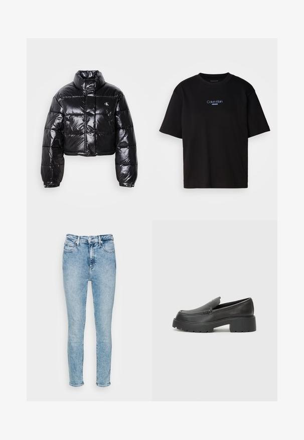 Casaco puffer preto cropped com acabamento brilhante, gola alta, fecho éclair à frente e detalhe de logótipos. Apresenta mangas oversized e secções acolchoadas.; T-shirt preta de algodão com gola redonda, mangas curtas e logo bordado azul "Calvin Klein JEANS" na parte da frente.; Calvin Klein Jeans HIGH RISE SKINNY ANKLE - Calças de ganga de corte skinny - denim light; Mocassins de couro preto com bico arredondado, sola espessa e texturizada, e detalhes de costura minimalistas. Design elegante sem atacadores ou ferragens visíveis.