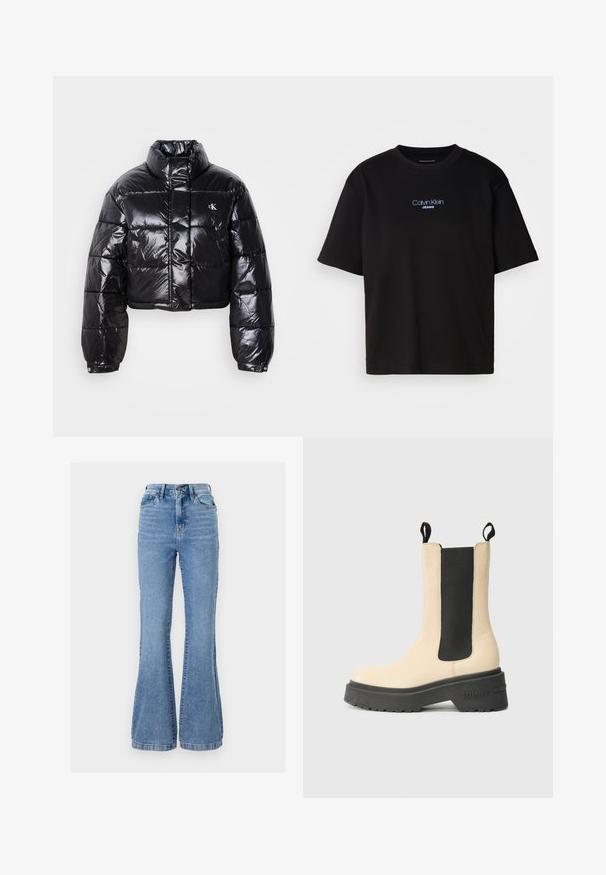 Cropped black puffer jacket with glossy finish, high collar, front zipper, and logo detail. Features oversized sleeves and quilted sections.; Black cotton t-shirt with a round neck, short sleeves, and blue embroidered "Calvin Klein JEANS" logo on the front.; Light blue denim flared jeans with a high waist, featuring front pockets, a zipper fly, and subtle fading on the fabric.; Beige ankle boot with black elastic side panel and rubber sole, featuring a prominent brand logo on the heel. Simple, modern design.