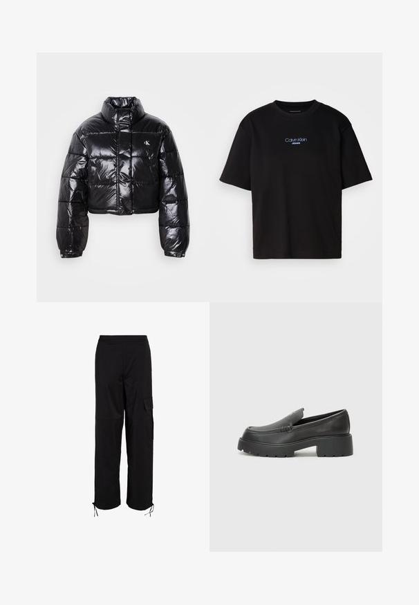 Trumpas juodas pūkinis paltas su blizgiu paviršiumi, aukšta apykakle, priekiniais užtrauktukais ir logotipo detalėmis. Yra plačios rankovės ir siuvinėtos dalys.; Juodas medvilnės marškinėliai su apykakle, trumpomis rankovėmis ir mėlynai siuvinėtu "Calvin Klein JEANS" logotipu priekyje.; Juodi krovinių kelnės su elastingu juosmeniu, šoniniu kišeniu ir reguliuojamais raišteliais apatinėje dalyje. Pagamintos iš tvirto, tekstūruoto audinio.; Juodi odiniai loaferiai su apvaliu pirštu, storu tekstūruotu padu ir minimaliu siūlių dekoru. Išskirtinis dizainas be matomų raištelių ar furnitūros.