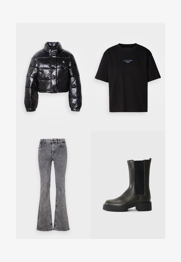 Jachetă puffer neagră scurtă cu finisaj lucios, guler înalt, fermoar frontal și detaliu cu logo. Are mâneci supradimensionate și secțiuni quilted.; Tricou din bumbac negru cu guler rotund, mâneci scurte și logo-ul brodat în albastru "Calvin Klein JEANS" pe față.; Blugi black evazați din denim cu un finisaj decolorat, având cinci buzunare, fermoar la zips și cusături contrastante de-a lungul cusăturilor.; Botine verzi din piele cu panouri elastice pe laterale, vârf rotund și talpă din cauciuc. Încălțămintea are un finisaj texturat și un toc pătrat.
