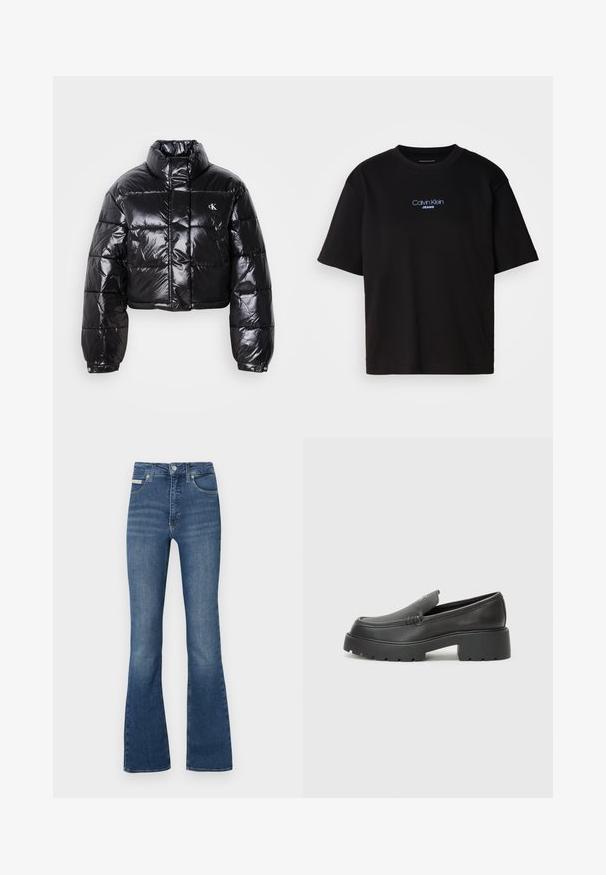 Cropped black puffer jacket with glossy finish, high collar, front zipper, and logo detail. Features oversized sleeves and quilted sections.; Black cotton t-shirt with a round neck, short sleeves, and blue embroidered "Calvin Klein JEANS" logo on the front.; Blue denim flared jeans with a high waist, five-pocket design, and subtle whiskering on the front. Features a button and zip closure.; Black leather loafers with a rounded toe, thick textured sole, and minimal stitching details. Sleek design with no visible laces or hardware.