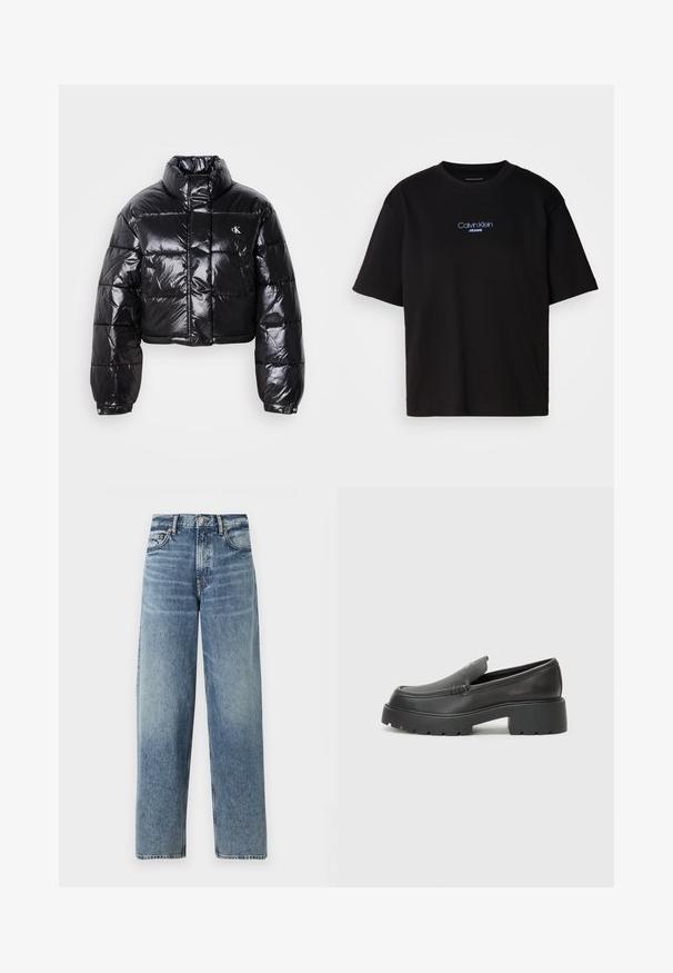 Fekete, fényes felületű, vágott pufi dzseki, magas gallérral, elülső cipzárral és logó részlettel. Tágas ujjakkal és steppelt részekkel rendelkezik.; Fekete pamut póló kerek nyakkal, rövid ujjú, elöl kék hímzett "Calvin Klein JEANS" logóval.; Világoskék farmernadrág egyenes fazonnal, magas derékkal és enyhe kopással. Öt zseb, valamint gombos záródás jellemzi.; Fekete bőr loafer cipők kerek orral, vastag, texturált talppal és minimális varrási részletekkel. Áramvonalas dizájn, látható fűzők vagy fém részek nélkül.