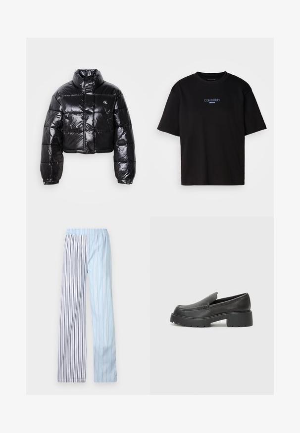 Zkrátená čierna prešívaná bunda s lesklým povrchom, vysokým golierom, predným zipsom a detailom loga. Obsahuje nadrozšírené rukávy a prešívané časti.; Čierne bavlnené tričko s okrúhlym výstrihom, krátkymi rukávmi a modrým vyšívaným logom "Calvin Klein JEANS" na prednej strane.; Ľahké pruhované nohavice s elastickým pásom; obsahujú striedajúce sa svetlomodré a biele pruhy s tenkými sivými akcentmi.; Čierne kožené mokasíny s okrúhlou špičkou, hrubou textúrovanou podrážkou a minimom stehovej výzdoby. Štíhly dizajn bez viditeľných šnúr alebo kovania.