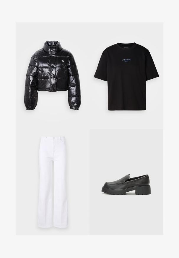 Skrajšana črna pufasta jakna z sijajno površino, visokim ovratnikom, sprednjim zadrgo in detajlom logotipa. Ima prevelike rokave in kviltane dele.; Črna bombažna majica s krožnim izrezom, kratkimi rokavi in modrim vezenim logotipom "Calvin Klein JEANS" na sprednji strani.; Beli flare kavbojke iz denima, ki imajo visok pas, sprednje žepke in zapiranje na gumb. Gladka tekstura in čiste linije.; Črne usnjene loafers čevlje z zaobljenim nosom, debelim teksturiranim podplatom in minimalnimi šivi. Elegantna zasnova brez vidnih vezalk ali kovinskih delov.