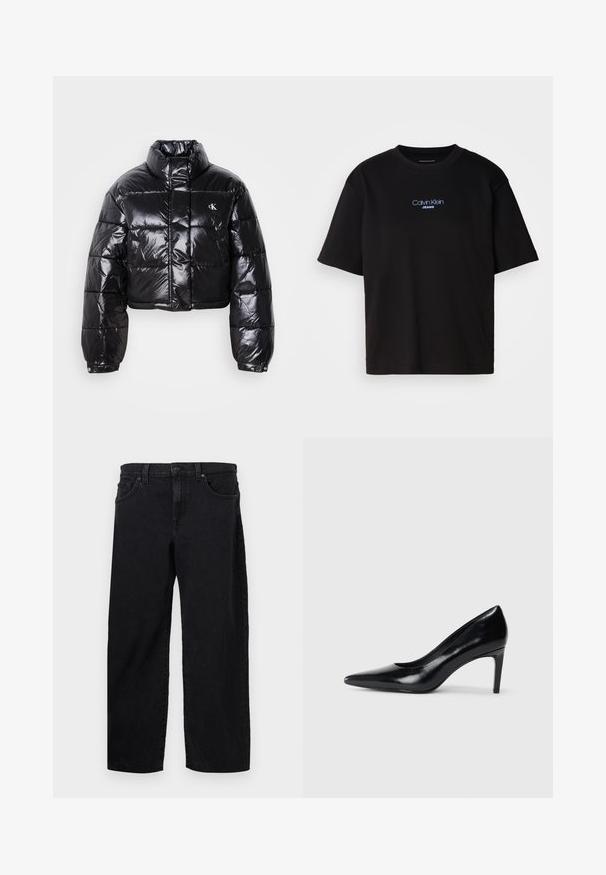 Kuttet svart dunjakke med glatt finish, høy krage, frontlås og logo-detalj. Den har overdimensjonerte ermer og quiltede seksjoner.; Sort bomull t-skjorte med rund hals, korte ermer, og blå brodert "Calvin Klein JEANS" logo på forsiden.; Svarte denim jeans med rett snitt, med knappelukking, fem lommer og subtile sømdetaljer. Glatt tekstur.; Sorte skinnhøye hæler med spiss tå, glatt tekstur og avsmalnet hæl. Minimalistisk design, ingen ekstra dekorasjoner.