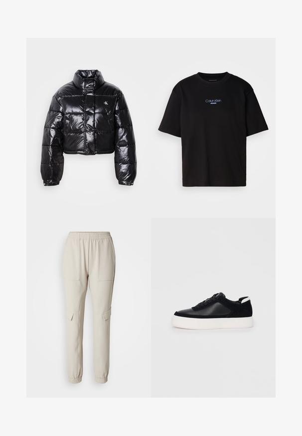 Fekete, fényes felületű, vágott pufi dzseki, magas gallérral, elülső cipzárral és logó részlettel. Tágas ujjakkal és steppelt részekkel rendelkezik.; Fekete pamut póló kerek nyakkal, rövid ujjú, elöl kék hímzett "Calvin Klein JEANS" logóval.; Beige színű jogger nadrág rugalmas derékkal, két oldalsó zsebbel és szűkített lábszárral. Puha, könnyű anyagból készült.; Fekete sportcipő sima bőrből és velúr panelekkel, lapos fűzőkkel, kerek orral és fehér gumi talppal. Megkülönböztető logó a sarkán.