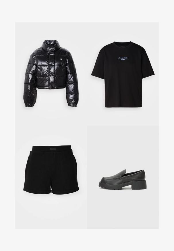 Zkrátená čierna prešívaná bunda s lesklým povrchom, vysokým golierom, predným zipsom a detailom loga. Obsahuje nadrozšírené rukávy a prešívané časti.; Čierne bavlnené tričko s okrúhlym výstrihom, krátkymi rukávmi a modrým vyšívaným logom "Calvin Klein JEANS" na prednej strane.; Čierne bavlnené šortky so rebrovaným pásom, bočnými vreckami a zaobleným lemom. Logo je zobrazené na páse.; Čierne kožené mokasíny s okrúhlou špičkou, hrubou textúrovanou podrážkou a minimom stehovej výzdoby. Štíhly dizajn bez viditeľných šnúr alebo kovania.