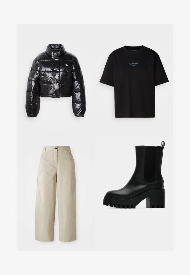 Zkrátená čierna prešívaná bunda s lesklým povrchom, vysokým golierom, predným zipsom a detailom loga. Obsahuje nadrozšírené rukávy a prešívané časti.; Čierne bavlnené tričko s okrúhlym výstrihom, krátkymi rukávmi a modrým vyšívaným logom "Calvin Klein JEANS" na prednej strane.; Béžové nohavice s vysokým pásom a širokými nohavicami, so zapínaním na gombík a zips, pútkami na opasok a bočnými vreckami, vystavené na bielom pozadí.; Čierne kožené členkové topánky s okrúhlou špičkou, robustnou platformou a bočnými akcentmi z jemnej sieťoviny. Obsahujú pútko pre jednoduché obúvanie.