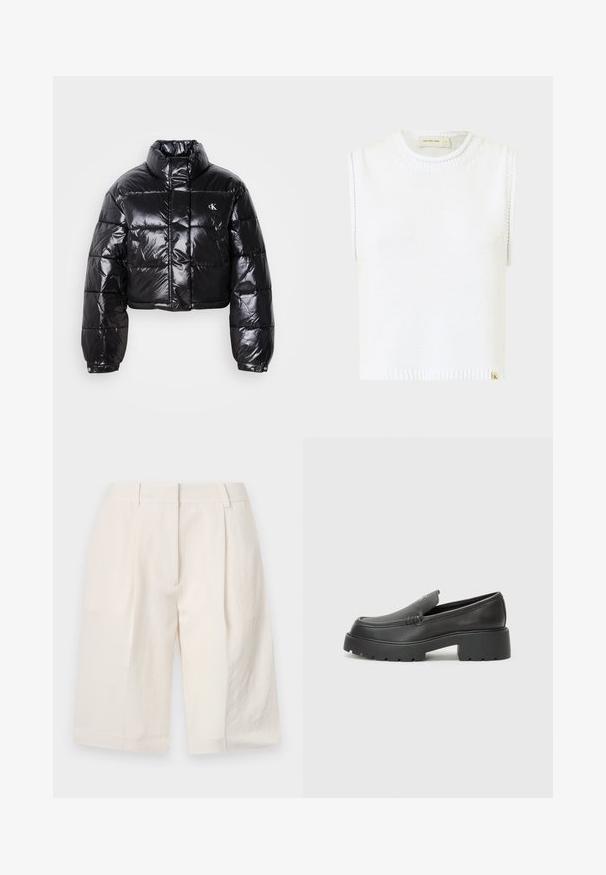Zkrácená černá péřová bunda s lesklým povrchem, vysokým límcem, předním zipem a logem. Má široké rukávy a prošívané části.; Bílý bezrukávový pletený top s kulatým výstřihem, žebrovaným lemem a detaily bočního prošití; zdobí ho malá značková etiketa na spodním lemu.; Bílé lněné kraťasy s elegatním střihem, sklady na přední straně a širokými nohavicemi. Hladká textura a délka do poloviny stehna.; Černé kožené mokasíny s okrouhlou špičkou, silnou strukturovanou podrážkou a minimálními detaily šití. Elegantní design bez viditelných tkaniček nebo kovových prvků.