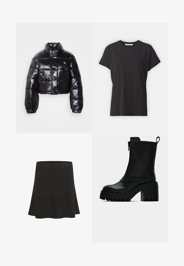 Veste doudoune noire coupée avec finition brillante, col haut, fermeture éclair à l'avant et détail de logo. Présente des manches surdimensionnées et des sections matelassées.; T-shirt en coton noir avec un col rond classique, des manches courtes et une coupe décontractée. Texture lisse, sans motifs ni accents visibles.; Jupe mini noire évasée en matériau doux avec une texture lisse et une large ceinture. Présente un design simple sans motifs ni accents.; Bottine en cuir noir avec semelle à crampons, talon carré, fermeture éclair sur le côté et languette à l'arrière sur fond blanc uni.