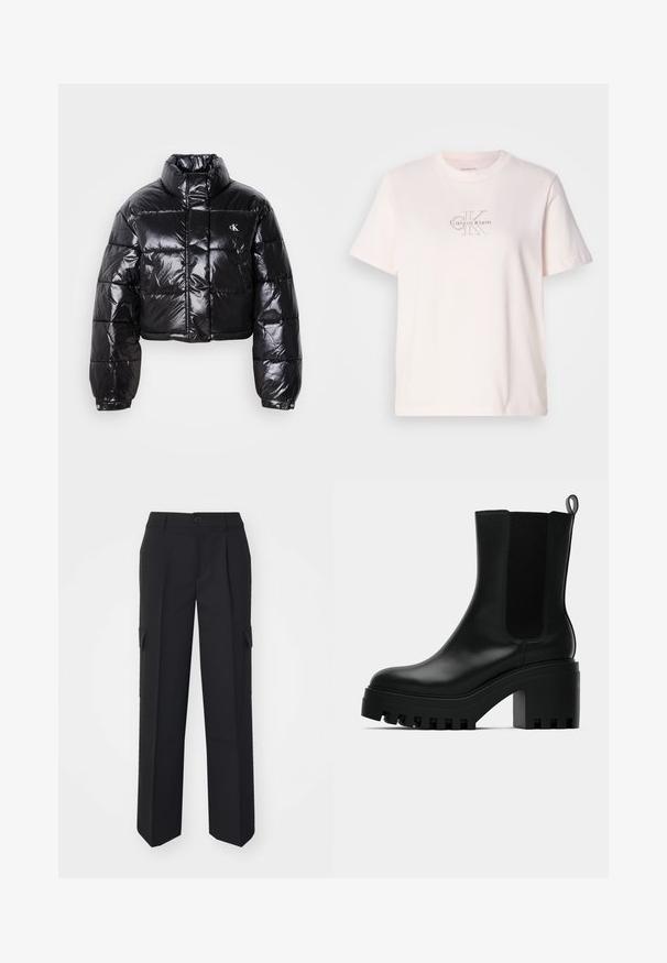 Krótkia czarna kurtka puchowa o błyszczącym wykończeniu, z wysokim kołnierzem, przednim zapięciem na zamek i detalem logo. Posiada obszerne rękawy i pikowane sekcje.; Jasnoróżowa bawełniana koszulka z okrągłym dekoltem, z haftowanym srebrnym logo "Calvin Klein" oraz subtelnym wzorem "CK" na klatce piersiowej.; Czarne spodnie cargo o prostym kroju, z bocznymi kieszeniami, z przodem zapinanym na guzik, wykonane z sztywnego materiału.; Czarne skórzane botki za kostkę z okrągłym noskiem, solidną platformą i siateczkowymi wstawkami po bokach. Posiadają uchwyt do łatwego zakładania.