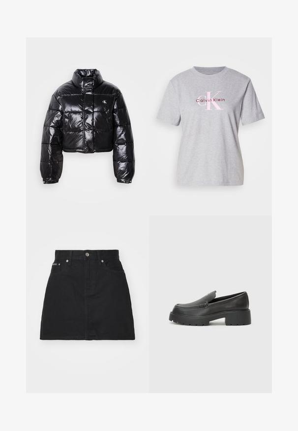 Skrajšana črna pufasta jakna z sijajno površino, visokim ovratnikom, sprednjim zadrgo in detajlom logotipa. Ima prevelike rokave in kviltane dele.; Siva bombažna majica s kratkimi rokavi, okroglo izrezana in z logotipom "Calvin Klein" v roza in maroon barvi spredaj.; Črna denim krila s pravim krojem, petimi žepi in kovinsko gumbom. Ima šivane detajle in označbo blagovne znamke na pasu.; Črne usnjene loafers čevlje z zaobljenim nosom, debelim teksturiranim podplatom in minimalnimi šivi. Elegantna zasnova brez vidnih vezalk ali kovinskih delov.