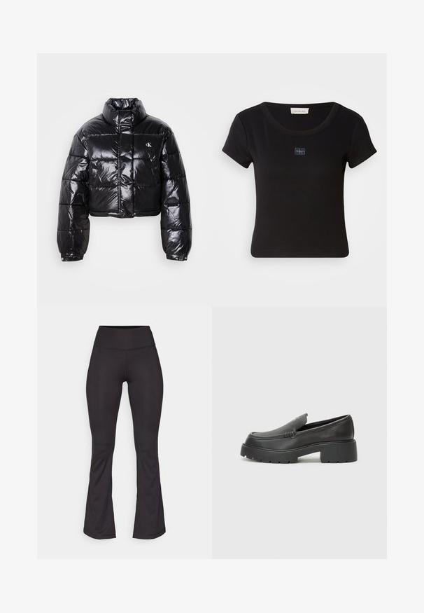 Κομμένο μαύρο μπουφάν τύπου puffer με γυαλιστερή επιφάνεια, ψηλό γιακά, μπροστινό φερμουάρ και λεπτομέρεια λογότυπου. Διαθέτει υπερμεγέθη μανίκια και ραμμένα τμήματα.; Μαύρη, κοντομάνικη μπλούζα με ριμπ υφή, διαθέτει ένα μικρό λογότυπο στο στήθος και στρογγυλή λαιμόκοψη.; Μαύρες καμπάνα κολάν φτιαγμένα από ελαστικό ύφασμα. Ψηλός μέσος, λείος υφή και εφαρμοστή γραμμή με διακριτική καμπάνα στο τελείωμα.; Μαύρα δερμάτινα loafers με στρογγυλή μύτη, χοντρή υφή σόλας και ελάχιστες ραφές. Κομψός σχεδιασμός χωρίς ορατά κορδόνια ή μεταλλικά στοιχεία.