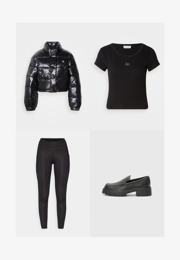 Fekete, fényes felületű, vágott pufi dzseki, magas gallérral, elülső cipzárral és logó részlettel. Tágas ujjakkal és steppelt részekkel rendelkezik.; Fekete, rövid ujjú póló bordázott textúrával, kis logó felvarrással a mellkason és kerek nyakkivágással.; Fekete leggings, magas derekú szabással, két oldalsó zsebbel és sima, rugalmas textúrával. Kényelemre és könnyű mozgásra tervezték.; Fekete bőr loafer cipők kerek orral, vastag, texturált talppal és minimális varrási részletekkel. Áramvonalas dizájn, látható fűzők vagy fém részek nélkül.