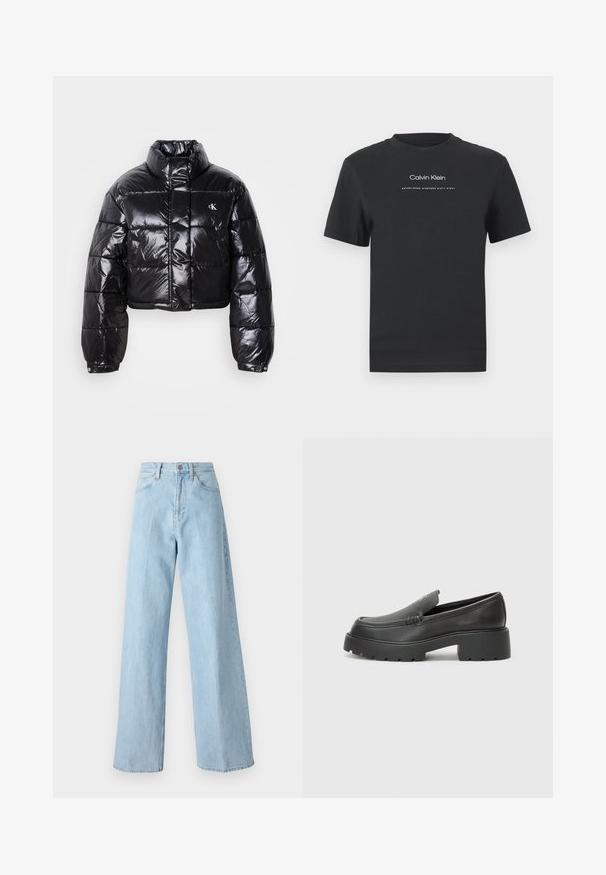 Skrajšana črna pufasta jakna z sijajno površino, visokim ovratnikom, sprednjim zadrgo in detajlom logotipa. Ima prevelike rokave in kviltane dele.; Črna bombažna majica s krožnim izrezom, kratkimi rokavi in belim potiskanjem logotipa "Calvin Klein" ter besedilom "Ustanovljen 1968".; Svetlo modri široki kavbojki iz denima, ki imajo visok pas, pet žepni design in ravno kroj na robu.; Črne usnjene loafers čevlje z zaobljenim nosom, debelim teksturiranim podplatom in minimalnimi šivi. Elegantna zasnova brez vidnih vezalk ali kovinskih delov.