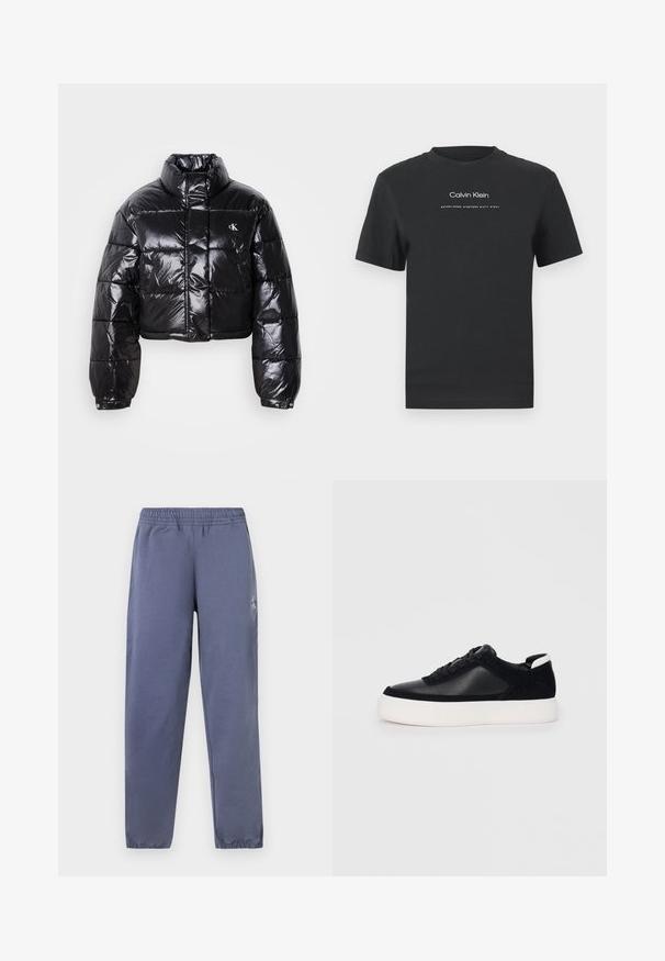 Izgriezta melna pūkainā jaka ar spīdīgu apdari, augstu apkakli, priekšējiem rāvējslēdzējiem un logotipa detaļām. Iezīmējas ar pārspīlētiem piedurknēm un quilted sekcijām.; Melna kokvilnas T-kreklā ar apaļu apkakli, īsām piedurknēm un baltu uzdrukātu "Calvin Klein" logotipu un tekstu "Izveidots 1968".; Pelēki treniņbikšu izstrādājumi ar elastīgu jostu, ar kājām, kas ir sašaurinātas pie potītēm, un mazu logo detaļu malā; izgatavoti no gludas, vieglas auduma.; Melnas sporta kurpes ar gludu ādu un zamša paneļiem, plakaniem šņorēm, noapaļotu pirkstu daļu un baltu gumijas zolīti. Izteikts logo uz papēža.