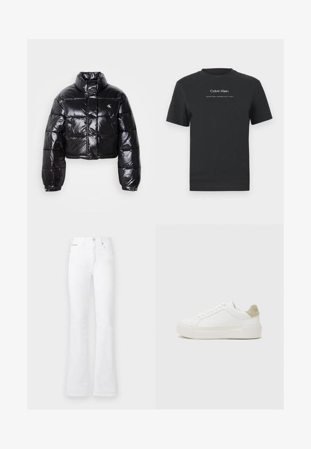 Gekürzte schwarze Steppjacke mit glänzender Oberfläche, hohem Kragen, Frontreißverschluss und Logodetail. Verfügt über übergroße Ärmel und gesteppte Abschnitte.; Schwarzes Baumwoll-T-Shirt mit Rundhalsausschnitt, kurzen Ärmeln und weißem Druck des "Calvin Klein" Logos sowie dem Text "Established 1968".; Weiße ausgestellte Jeans aus Denim, mit klassischem Fünf-Taschen-Design, vorderem Knopfverschluss und dezentem Branding am Taillenbund.; Weißer Sneaker mit einem Obermaterial aus glattem Leder, hellgrauem Wildlederbesatz an der Ferse und einer klobigen weißen Gummisohle. Mit Schnürdesign.