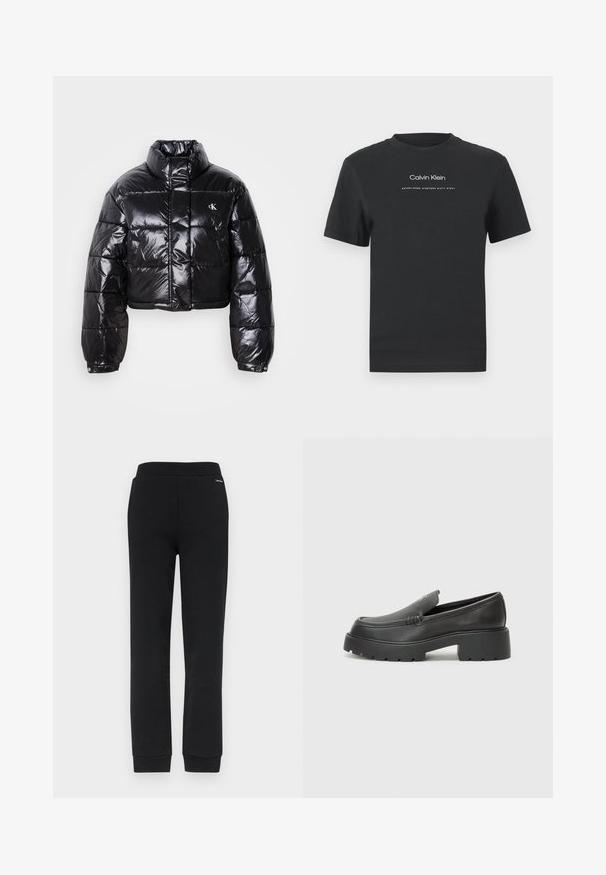Skrajšana črna pufasta jakna z sijajno površino, visokim ovratnikom, sprednjim zadrgo in detajlom logotipa. Ima prevelike rokave in kviltane dele.; Črna bombažna majica s krožnim izrezom, kratkimi rokavi in belim potiskanjem logotipa "Calvin Klein" ter besedilom "Ustanovljen 1968".; Calvin Klein NANO LOGO - Spodnji deli trenirk - black; Črne usnjene loafers čevlje z zaobljenim nosom, debelim teksturiranim podplatom in minimalnimi šivi. Elegantna zasnova brez vidnih vezalk ali kovinskih delov.