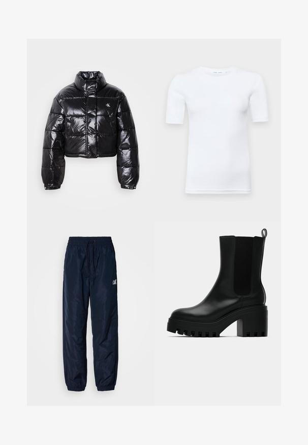 Geknipt zwart pufferjack met glanzende afwerking, hoge kraag, ritssluiting aan de voorkant en logodetail. Beschikt over oversized mouwen en gestikte delen.; Witte korte mouw t-shirt gemaakt van katoen. Heeft een ronde halslijn en een gladde textuur, met minimale stiksels zichtbaar aan de zoom.; Marine windbrekers met een glanzend synthetisch materiaal, voorzien van een elastische tailleband met trekkoord, omgeslagen boorden en logo-accent.; Zwarte lederen enkelboot met ronde neus, chunky plateauzool en mesh zijaccenten. Voorzien van een trekband voor gemakkelijk aan- en uittrekken.