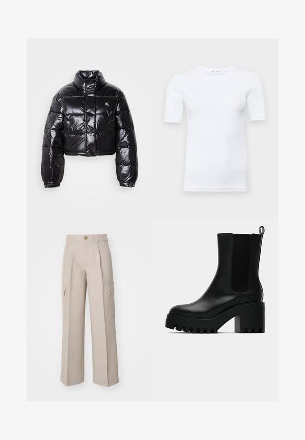 Skrajšana črna pufasta jakna z sijajno površino, visokim ovratnikom, sprednjim zadrgo in detajlom logotipa. Ima prevelike rokave in kviltane dele.; Bela kratka majica s kratkimi rokavi iz bombaža. Ima okroglo izrez in gladko teksturo, z minimalno vidnim šivom na robu.; Bež široke hlače iz tkanine, s sprednjimi naborki in dvema strankama cargo žepov. Vključujejo sprednje zapiranje na gumb.; Črne usnjene gležnjarje s okroglo konico, debelim podplatom in stranskimi mrežastimi detajli. Imajo zanko za enostavno obuvanje.