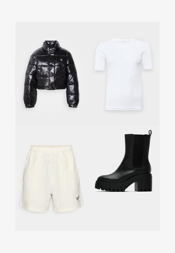 Krótkia czarna kurtka puchowa o błyszczącym wykończeniu, z wysokim kołnierzem, przednim zapięciem na zamek i detalem logo. Posiada obszerne rękawy i pikowane sekcje.; Biała koszulka z krótkim rękawem wykonana z bawełny. Posiada okrągły dekolt oraz gładką teksturę, z minimalnie widocznym ściegiem przy dolnym wykończeniu.; Kremowe bawełniane szorty z elastycznym pasem, bocznymi kieszeniami i małym czarnym logo na dolnej lewej części przodu.; Czarne skórzane botki za kostkę z okrągłym noskiem, solidną platformą i siateczkowymi wstawkami po bokach. Posiadają uchwyt do łatwego zakładania.