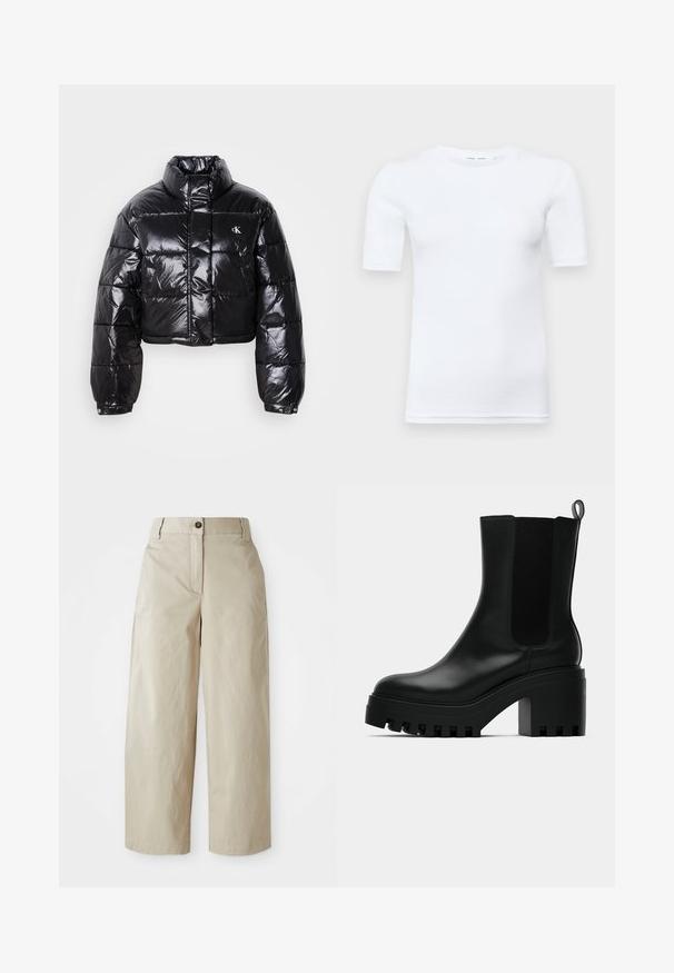 Lühendatud must puffer-jakk läikiva viimistlusega, kõrge krae, eeslukuga ja logodetailiga. Omab üleöö suuruseid varrukaid ja tikitud sektsioone.; Valge lühikeste varrukatega T-särk, mis on valmistatud puuvillast. Omab ümmargust kaelust ja sileda tekstuuri, vähese nähtava õmblusega ääres.; Bežid kõrge vöökohaga laiad püksid nupu ja tõmblukuga, vöölõngadega ja küljetaskutega, esitatud valge tausta ees.; Mustad must jalatsid mustast nahast, ümmarguse varbaga, tükilisest platvormist ja võrgupoolsest aksendist. Omab tõmbeauku mugavaks jalga panemiseks.