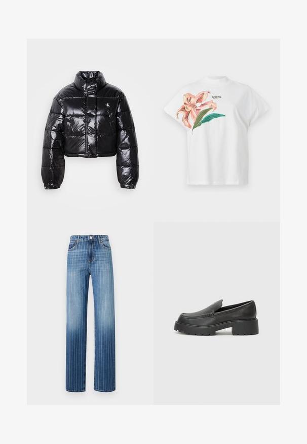 Izgriezta melna pūkainā jaka ar spīdīgu apdari, augstu apkakli, priekšējiem rāvējslēdzējiem un logotipa detaļām. Iezīmējas ar pārspīlētiem piedurknēm un quilted sekcijām.; Balta kokvilnas T-kreklu ar īsām piedurknēm, kurā kreisajā pusē ir rozā ziedu raksts un zaļas lapas. Virs raksta ir pelēks "Guess" logo.; Gaišu zilu džinsu bikses ar vertikālām baltām svītrām, taisnas kājas dizains, piecas kabatas un pogu aizdare viduklī.; Melnas ādas mokasīni ar noapaļotu purngalu, biezs teksturēts zoles un minimālas dūriena detaļas. Gluds dizains bez redzamām auklām vai metāla elementiem.