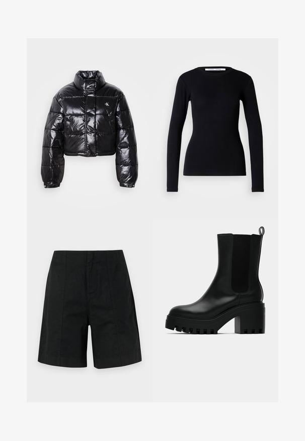 Kuttet svart dunjakke med glatt finish, høy krage, frontlås og logo-detalj. Den har overdimensjonerte ermer og quiltede seksjoner.; Svart langermet topp laget av ribbet stoff. Har rund hals og tettsittende fasong. Ingen mønstre eller dekorasjoner. Enkelt design.; Sorte skreddersydde shorts laget av lett stoff, med en strukturert design med vertikale linjer og en rett kant. Ingen lommer synlige.; Sorte lær ankelstøvle med rund tå, chunky plattformsåle og mesh-sider. Har en pull-tab for enkel påføring.