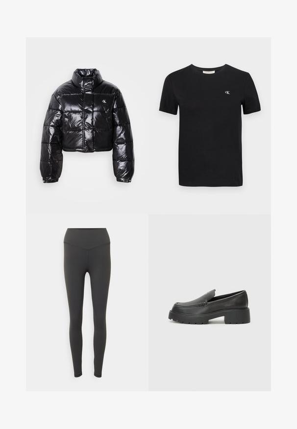Geknipt zwart pufferjack met glanzende afwerking, hoge kraag, ritssluiting aan de voorkant en logodetail. Beschikt over oversized mouwen en gestikte delen.; Zwart katoenen T-shirt met een klassieke ronde hals, korte mouwen en een klein wit geborduurd "ck" logo op de borst.; Zwarte leggings met een hoge tailleband, gemaakt van een gladde, rekbare stof. Bevat een subtiele naadontwerp aan de voorkant.; Zwarte leren instappers met een ronde neus, dikke getextureerde zool en minimale stikseldetails. Strak ontwerp zonder zichtbare veters of hardware.