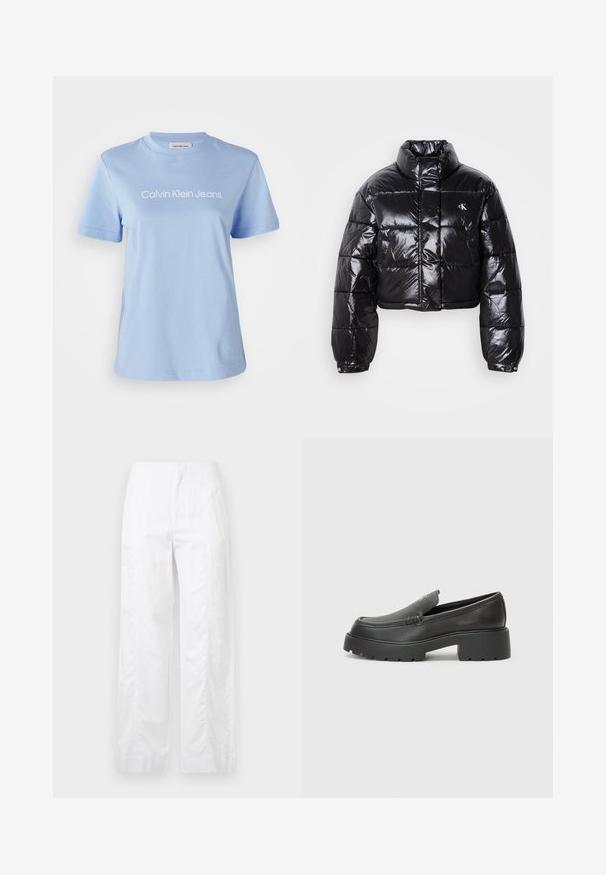Cropped black puffer jacket with glossy finish, high collar, front zipper, and logo detail. Features oversized sleeves and quilted sections.; Light blue cotton t-shirt with short sleeves, round neckline, and "Calvin Klein Jeans" logo printed in white across the chest.; White wide-leg trousers made of lightweight fabric, featuring a smooth texture, clean lines, and a high waist design.; Black leather loafers with a rounded toe, thick textured sole, and minimal stitching details. Sleek design with no visible laces or hardware.