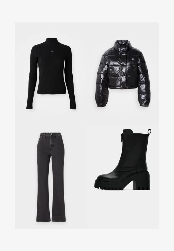 Trumpas juodas pūkinis paltas su blizgiu paviršiumi, aukšta apykakle, priekiniais užtrauktukais ir logotipo detalėmis. Yra plačios rankovės ir siuvinėtos dalys.; Juodas ilgomis rankovėmis paslystantis marškinėliai su aukštu apykakle. Turi mažą logotipo ženkliuką priekyje. Lygus, raukšlėtas audinys.; Juodi aukštu liemeniu platėjantys džinsai, pagaminti iš džinsinio audinio, su mygtuko uždarymu, diržo kilpomis ir šoninėmis kišenėmis. Lygus paviršius su minimaliais išblukimais.; Juodas odinis kulkšninis batas su masyviu pado, blokiniu kulnu, šonine užtrauktuku ir kilpute gale ant paprasto balto fono.