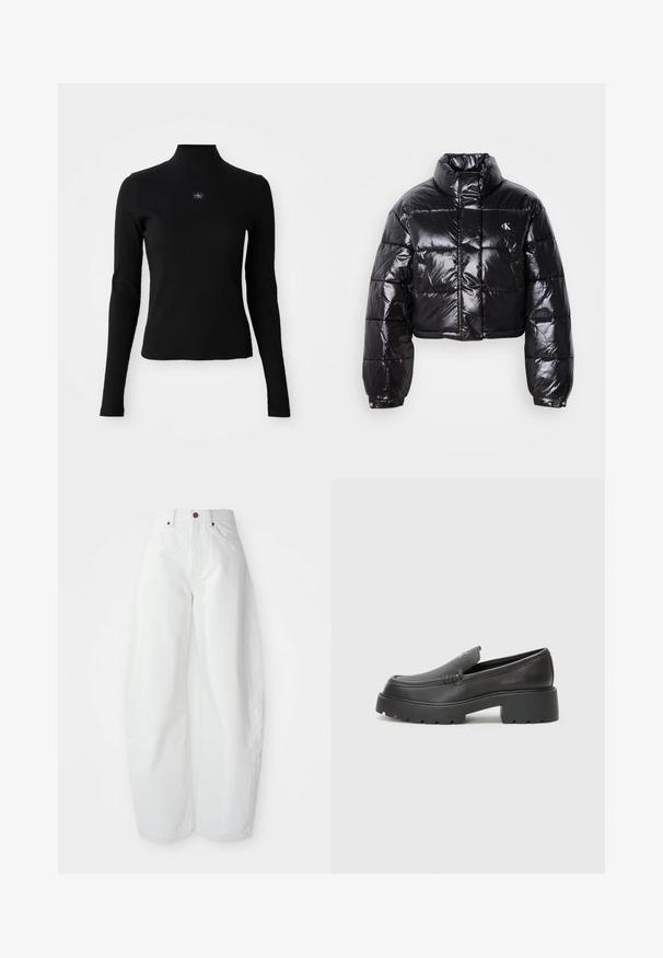 Cropped black puffer jacket with glossy finish, high collar, front zipper, and logo detail. Features oversized sleeves and quilted sections.; Black long-sleeve top with a high neckline and a fitted design. Features a small logo patch on the front. Smooth, ribbed texture.; High-waisted white denim trousers with a loose fit. Features a button closure, side pockets, and minimalistic design. Smooth texture.; Black leather loafers with a rounded toe, thick textured sole, and minimal stitching details. Sleek design with no visible laces or hardware.