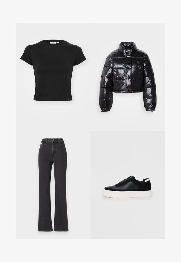 Casaco puffer preto cropped com acabamento brilhante, gola alta, fecho éclair à frente e detalhe de logótipos. Apresenta mangas oversized e secções acolchoadas.; T-shirt preta de mangas curtas feita de algodão, com decote redondo, forma ajustada e uma pequena etiqueta com o logo na barra.; Jeans flared pretos de cintura alta feitos de denim, com fecho de botão, passadores para cinto e bolsos laterais. Textura suave com desbotamento mínimo.; Sapatilha preta com painéis de pele lisa e camurça, atacadores planos, bico arredondado e sola de borracha branca. Logótipo distinto no calcanhar.