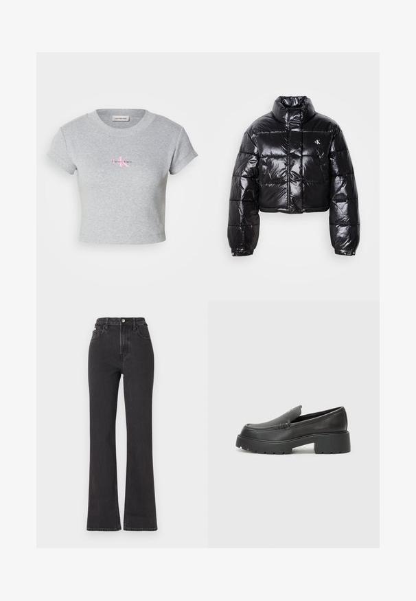 Cropped black puffer jacket with glossy finish, high collar, front zipper, and logo detail. Features oversized sleeves and quilted sections.; Gray cropped t-shirt made of cotton, featuring a ribbed texture and short sleeves. Displays a pink Calvin Klein logo on the front.; Black high-waisted flared jeans made of denim, featuring a button closure, belt loops, and side pockets. Smooth texture with minimal fading.; Black leather loafers with a rounded toe, thick textured sole, and minimal stitching details. Sleek design with no visible laces or hardware.
