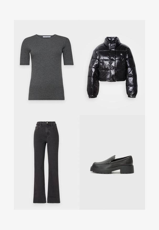 Gekürzte schwarze Steppjacke mit glänzender Oberfläche, hohem Kragen, Frontreißverschluss und Logodetail. Verfügt über übergroße Ärmel und gesteppte Abschnitte.; Graues kurzärmliges T-Shirt aus weichem, dehnbarem Stoff mit rundem Ausschnitt und figurnaher Passform, ausgestattet mit einer glatten Textur und minimalistischem Design.; Schwarze, hochgeschnittene Schlagjeans aus Denim mit Knopfverschluss, Gürtelschlaufen und seitlichen Taschen. Glatte Textur mit minimaler Ausbleichung.; Schwarze Lederloafer mit einer abgerundeten Spitze, dicker strukturierten Laufsohle und minimalen Nähten. Schlankes Design ohne sichtbare Schnürsenkel oder Beschläge.