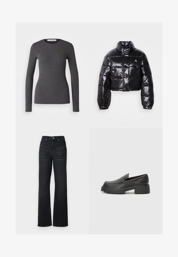 Gekürzte schwarze Steppjacke mit glänzender Oberfläche, hohem Kragen, Frontreißverschluss und Logodetail. Verfügt über übergroße Ärmel und gesteppte Abschnitte.; Langärmliges Oberteil mit Rundhalsausschnitt in Dunkelgrau, aus geripptem Stoff gefertigt, mit einer figurbetonten Passform, die eine glatte Textur und minimale Details aufweist.; Schwarze Denim-Jeans im weit geschnittenen Stil mit hoher Taille, Fünf-Taschen-Design und silbernem Metallknopf. Der Stoff hat eine glatte Textur und bietet einen leichten Stretch.; Schwarze Lederloafer mit einer abgerundeten Spitze, dicker strukturierten Laufsohle und minimalen Nähten. Schlankes Design ohne sichtbare Schnürsenkel oder Beschläge.