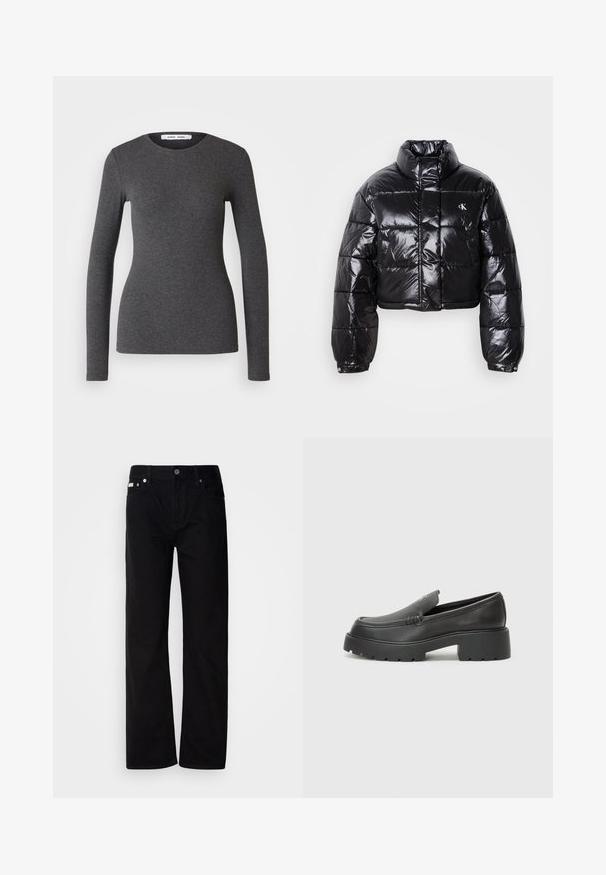 Lyhennetty musta puffatakki, jossa on kiiltävä pinta, korkea kaulus, etuvetoketju ja logoyksityiskohta. Ominaisuuksiin kuuluvat yli-inhottavat hihat ja tikatut osat.; Pitkähihainen, pyöreä kaula-aukko toppi tummanharmaana, valmistettu ribbitetystä kankaasta, jossa on vartalonmyötäinen muotoilu, sileä pinta ja minimaalinen yksityiskohtaisuus.; Mustat farkkusuorat housut, joissa on viisi taskua, hopeiset niitit ja nappisuljenta. Kangas on sileä, hieman teksturoitu pinta.; Musta nahkakengät, joissa on pyöristetty kärki, paksu teksturoitu pohja ja vähäiset ompeluyksityiskohdat. Tyylikäs muotoilu, jossa ei ole näkyviä nauhoja tai metalliosia.