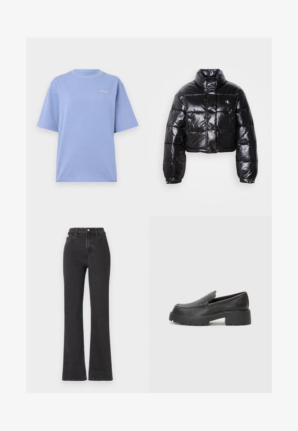 Lyhennetty musta puffatakki, jossa on kiiltävä pinta, korkea kaulus, etuvetoketju ja logoyksityiskohta. Ominaisuuksiin kuuluvat yli-inhottavat hihat ja tikatut osat.; Vaaleansininen puuvillat-paita, jossa on lyhyet hihat ja pyöreä pääntie. Rinnassa on pieni valkoinen logo. Pehmeä tekstuuri, rento istuvuus.; Mustat korkeavartiset leveälahkeiset farkut, jotka on valmistettu denimistä. Varustettu nappikiinnityksellä, vyölenkeillä ja sivutaskuilla. Tasainen rakenne, jossa on minimaalista haalistumista.; Musta nahkakengät, joissa on pyöristetty kärki, paksu teksturoitu pohja ja vähäiset ompeluyksityiskohdat. Tyylikäs muotoilu, jossa ei ole näkyviä nauhoja tai metalliosia.