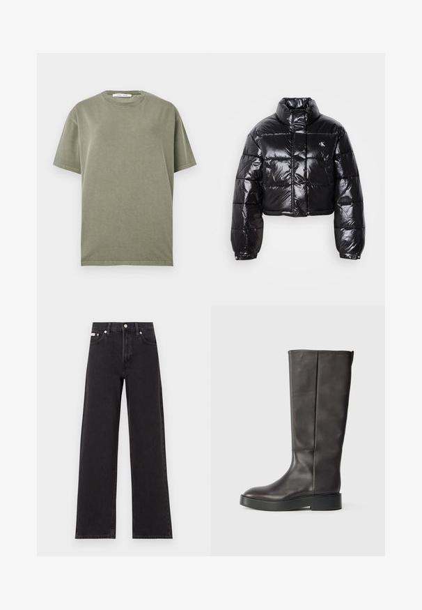 Kort sort vinterjakke med blank finish, høj krave, lynlås foran og logo detalje. Har oversized ærmer og quiltede sektioner.; Olivenfarvet bomulds T-shirt med rund hals, korte ærmer og et simpelt, udekoreret design. Blød tekstur og afslappet pasform.; Sorte vidde jeans lavet af denim, med høj talje, fem-lomme stil og en metalknap lukning med kontrasterende syninger.; Sorte knæhøje læderstøvler med tyk sål og subtil Calvin Klein-logo nær den øverste kant, vist fra siden.