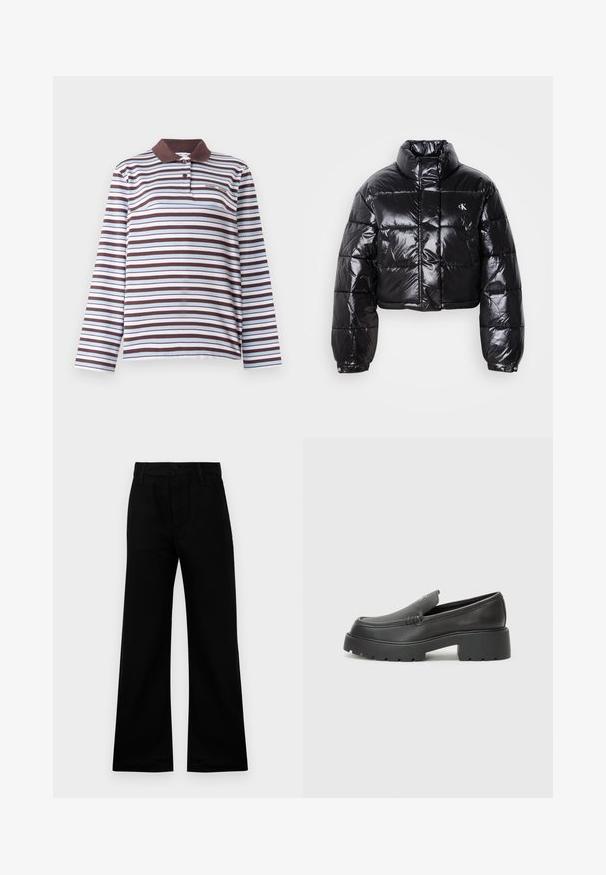 Gekürzte schwarze Steppjacke mit glänzender Oberfläche, hohem Kragen, Frontreißverschluss und Logodetail. Verfügt über übergroße Ärmel und gesteppte Abschnitte.; Samsøe Samsøe SADOVER - Langarmshirt - raisin skyway; Schwarze weit geschnittene Hose aus glattem Stoff mit hoher Taille, ausgestattet mit einem Knopfverschluss und Gürtelschlaufen, die eine strukturierte Passform bietet.; Schwarze Lederloafer mit einer abgerundeten Spitze, dicker strukturierten Laufsohle und minimalen Nähten. Schlankes Design ohne sichtbare Schnürsenkel oder Beschläge.