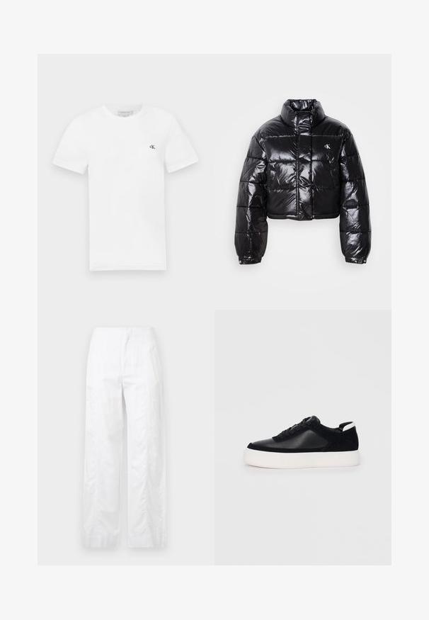 Lühendatud must puffer-jakk läikiva viimistlusega, kõrge krae, eeslukuga ja logodetailiga. Omab üleöö suuruseid varrukaid ja tikitud sektsioone.; Valge puuvillane T-särk lühikeste varrukatega ja ümmarguse kaelusega. Vasakul rinnal on väike must "ck" logo. Sile tekstuur.; Valged laiad püksid, mis on valmistatud kergetest materjalidest, omades siledat tekstuuri, puhtaid jooni ja kõrget vöökohta.; Mustad mustad spordijalanõud siledast nahast ja sametist paneelidega, lame nööriga, ümar varvas ja valge kummist tallaga. Erakordne logo kontsas.