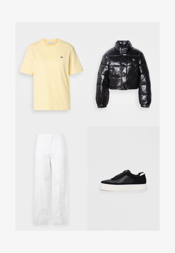 Fekete, fényes felületű, vágott pufi dzseki, magas gallérral, elülső cipzárral és logó részlettel. Tágas ujjakkal és steppelt részekkel rendelkezik.; Sárga pamut póló rövid ujjal és kerek nyakkivágással. Az mellrészen egy kis zöld hímzett krokodil logo található.; Fehér, széles szárú nadrág könnyű anyagból, sima textúrával, letisztult vonalakkal és magasderék kialakítással.; Fekete sportcipő sima bőrből és velúr panelekkel, lapos fűzőkkel, kerek orral és fehér gumi talppal. Megkülönböztető logó a sarkán.