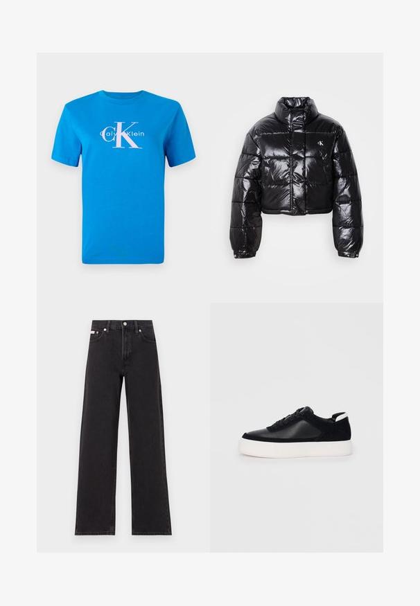 Jachetă puffer neagră scurtă cu finisaj lucios, guler înalt, fermoar frontal și detaliu cu logo. Are mâneci supradimensionate și secțiuni quilted.; Tricou din bumbac albastru, cu mâneci scurte, având un logo alb Calvin Klein și un grafic mare roz "CK" centrat pe față.; Jeanși negri cu picioare largi, fabricați din denim, cu talie înaltă, stil cu cinci buzunare și închidere cu nasture metalic, cu cusături contrastante.; Sneaker negru cu piele netedă și panouri din întăritură, șireturi plate, vârf rotund și talpă din cauciuc alb. Logo distinct pe călcâi.