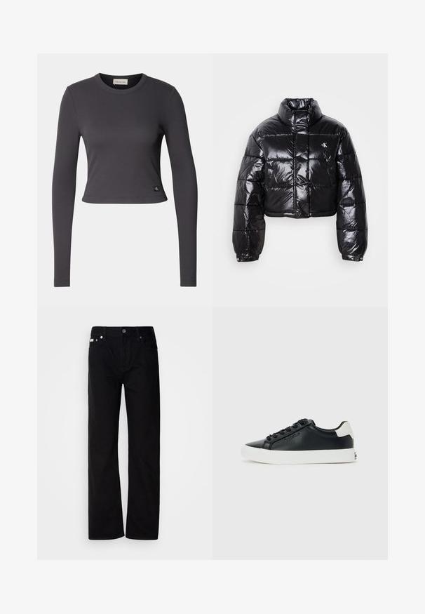 Izgriezta melna pūkainā jaka ar spīdīgu apdari, augstu apkakli, priekšējiem rāvējslēdzējiem un logotipa detaļām. Iezīmējas ar pārspīlētiem piedurknēm un quilted sekcijām.; Garais, ar garām piedurknēm, īsais tops tumši pelēkā ribota auduma ar apļu kakla izgriezumu un nelielu logo uzšuvumu apakšmalā. Gluda tekstūra, pieguļošs dizains.; Melnas denima taisnas kājas bikses ar pieciem kabatām, sudraba kniedēm un pogu aizdari. Audumam ir gluda, nedaudz teksturēta virsma.; Melni zemi sporta apavi ar baltu zoli un papēža cilpu, melnas auklas un diskrētā Calvin Klein logo sānos, attēloti uz vienkārša fona.
