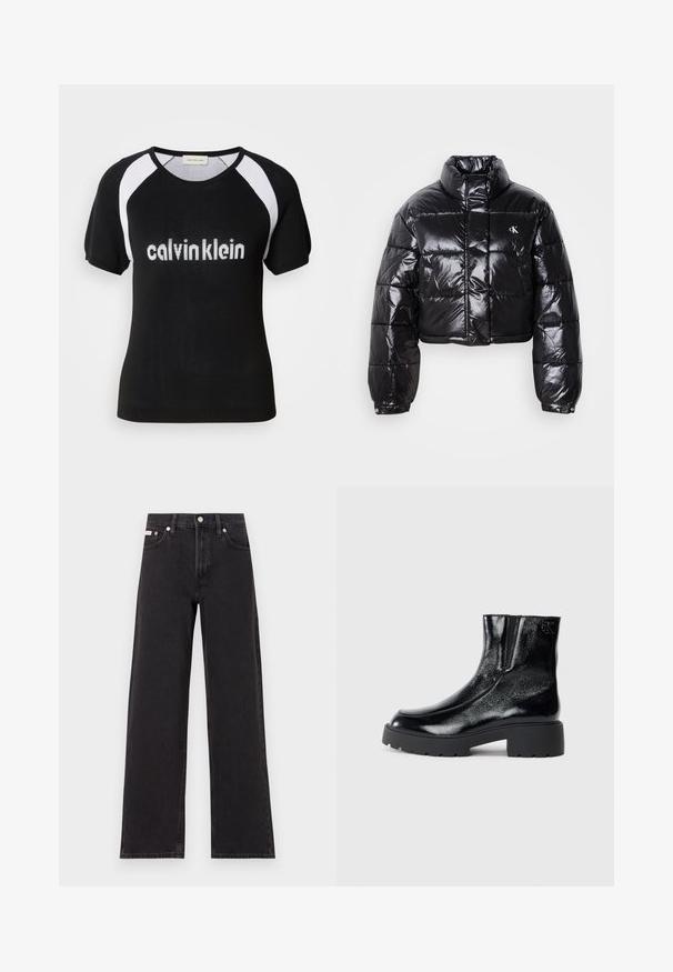 Trumpas juodas pūkinis paltas su blizgiu paviršiumi, aukšta apykakle, priekiniais užtrauktukais ir logotipo detalėmis. Yra plačios rankovės ir siuvinėtos dalys.; Juodas megztinis trumpomis rankovėmis su baltais raglano tipo rankovėmis. Priekyje krūtinės turi baltą „calvinklein“ tekstą. Apskritas iškirpimas. Švelni medžiaga.; Juodos plačios kojų džinsai, pagaminti iš džinsinio audinio, su aukštu liemeniu, penkių kišenių stiliumi ir metaline sagte su kontrastingo siuvimo detalėmis.; Juodi kulkšniniai batai su blizgia lakuota oda, storu juodu guminio pado ir pakeltu kulnu; šone yra subtilus logotipo detalė.