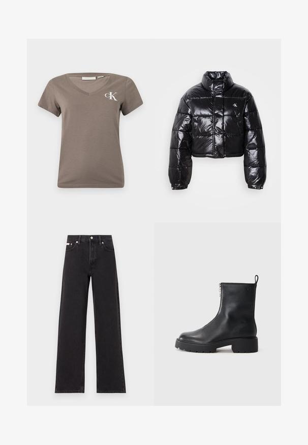 Cropped black puffer jacket with glossy finish, high collar, front zipper, and logo detail. Features oversized sleeves and quilted sections.; Brown v-neck t-shirt made of soft cotton, featuring short sleeves and a white "CK" logo on the left chest. Simple and fitted design.; Black wide-leg jeans made of denim, featuring a high-rise waist, five-pocket styling, and a metal button closure with contrasting stitching.; Black leather ankle boot featuring a side zipper, rounded toe, and a chunky, textured sole. Subtle branding on the side.