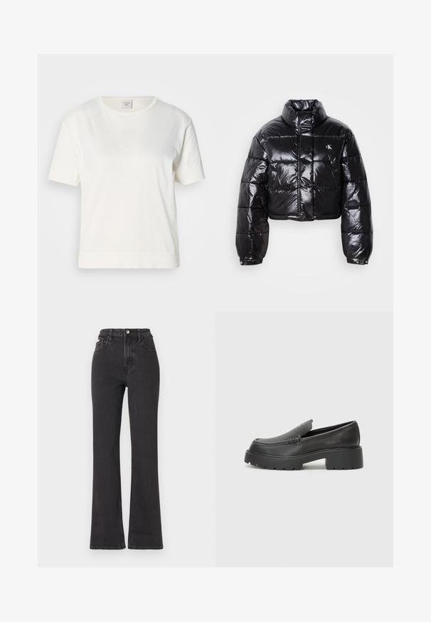 Izgriezta melna pūkainā jaka ar spīdīgu apdari, augstu apkakli, priekšējiem rāvējslēdzējiem un logotipa detaļām. Iezīmējas ar pārspīlētiem piedurknēm un quilted sekcijām.; Balts kokvilnas t-krekls ar īsām piedurknēm, apaļu kakla izgriezumu un nedaudz brīvu piegriezumu. Audumam ir gluda, mīksta tekstūra.; Melnas augstā jostasvietā plati izgrieztas džinsus no denima, ar pogu aizdari, jostas cilpām un sānu kabatām. Gluda tekstūra ar minimālu izbalēšanu.; Melnas ādas mokasīni ar noapaļotu purngalu, biezs teksturēts zoles un minimālas dūriena detaļas. Gluds dizains bez redzamām auklām vai metāla elementiem.