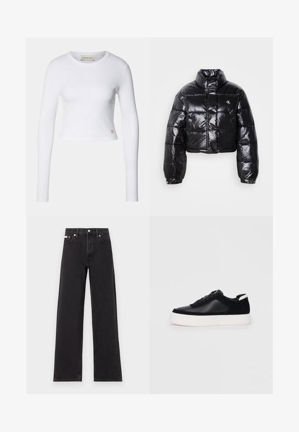 Cropped black puffer jacket with glossy finish, high collar, front zipper, and logo detail. Features oversized sleeves and quilted sections.; White long-sleeve crop top made of ribbed fabric. Features a round neckline and a small logo tag on the lower left side.; Black wide-leg jeans made of denim, featuring a high-rise waist, five-pocket styling, and a metal button closure with contrasting stitching.; Black sneaker with smooth leather and suede panels, flat laces, rounded toe, and a white rubber sole. Distinct logo on the heel.