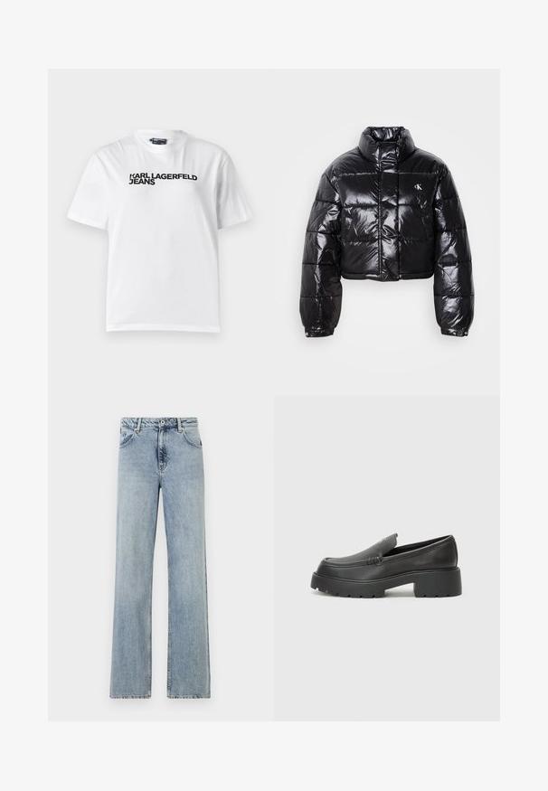 Casaco puffer preto cropped com acabamento brilhante, gola alta, fecho éclair à frente e detalhe de logótipos. Apresenta mangas oversized e secções acolchoadas.; T-shirt de algodão branco com gola redonda, mangas curtas, e texto impresso em preto a dizer "KARL LAGERFELD JEANS" no peito.; Jeans de ganga de perna larga, azul claro. Apresenta um fecho com botão e zip, bolsos frontais e um desbotado subtil. Bainhas limpas.; Mocassins de couro preto com bico arredondado, sola espessa e texturizada, e detalhes de costura minimalistas. Design elegante sem atacadores ou ferragens visíveis.