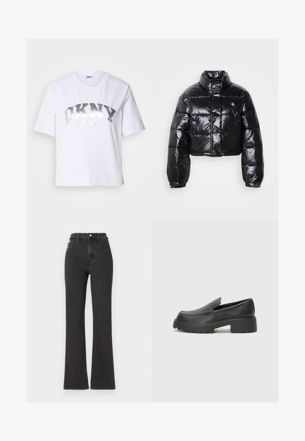 Κομμένο μαύρο μπουφάν τύπου puffer με γυαλιστερή επιφάνεια, ψηλό γιακά, μπροστινό φερμουάρ και λεπτομέρεια λογότυπου. Διαθέτει υπερμεγέθη μανίκια και ραμμένα τμήματα.; Λευκό κοντό μπλουζάκι από βαμβάκι, με ασημί μεταλλική εκτύπωση που έχει τη λέξη "DKNY" και "Νέα Υόρκη" σε έντονους, μπλοκ χαρακτήρες.; Μαύρα ψηλόμεσα τζιν με φαρδιά γραμμή, κατασκευασμένα από τζιν, διαθέτουν κλείσιμο με κουμπί, θηλιές ζώνης και πλαϊνές τσέπες. Λείος υφή με ελάχιστη φθορά.; Μαύρα δερμάτινα loafers με στρογγυλή μύτη, χοντρή υφή σόλας και ελάχιστες ραφές. Κομψός σχεδιασμός χωρίς ορατά κορδόνια ή μεταλλικά στοιχεία.